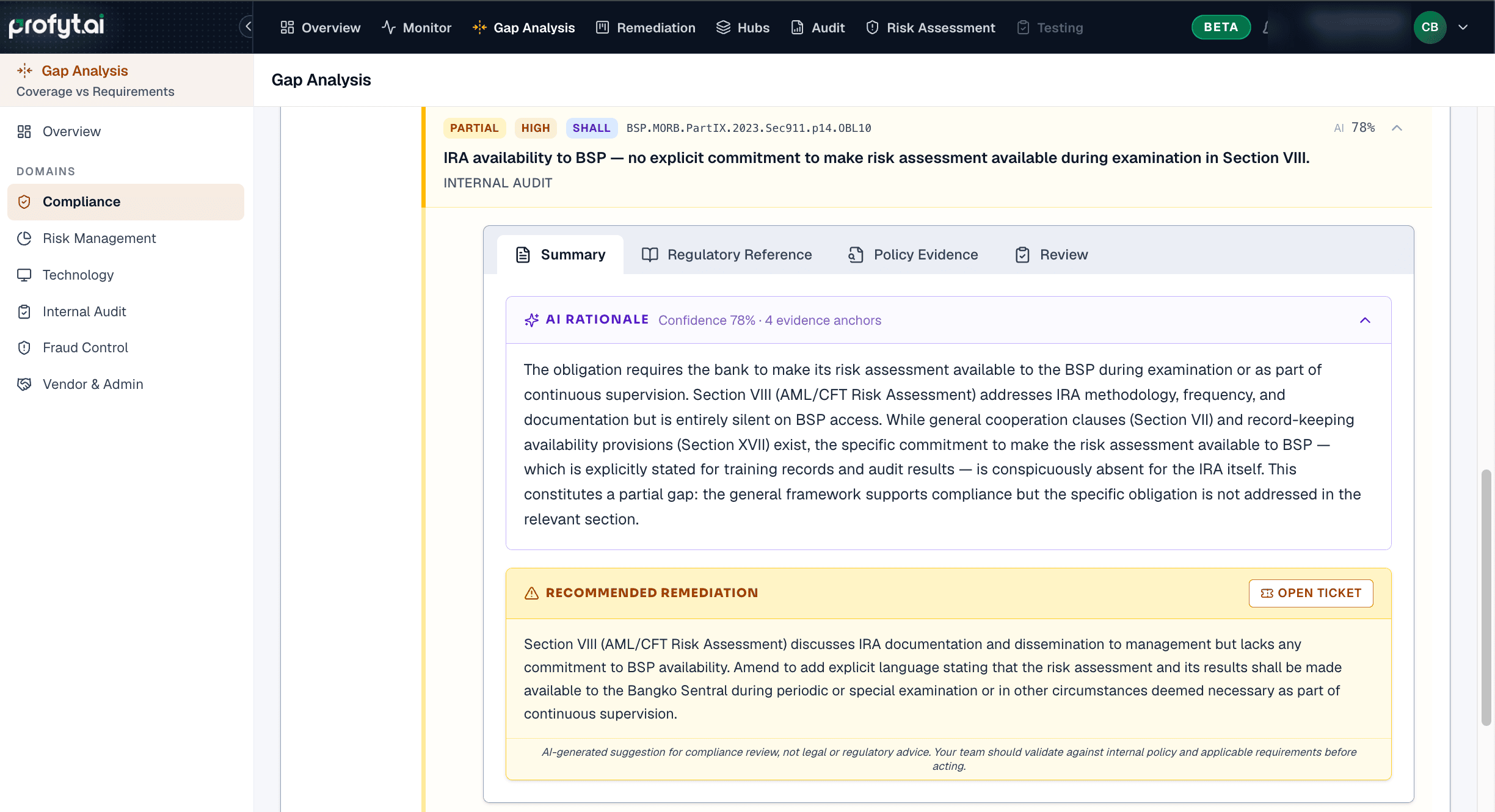 Gap Analysis verdict: status, confidence, and the rationale behind the finding