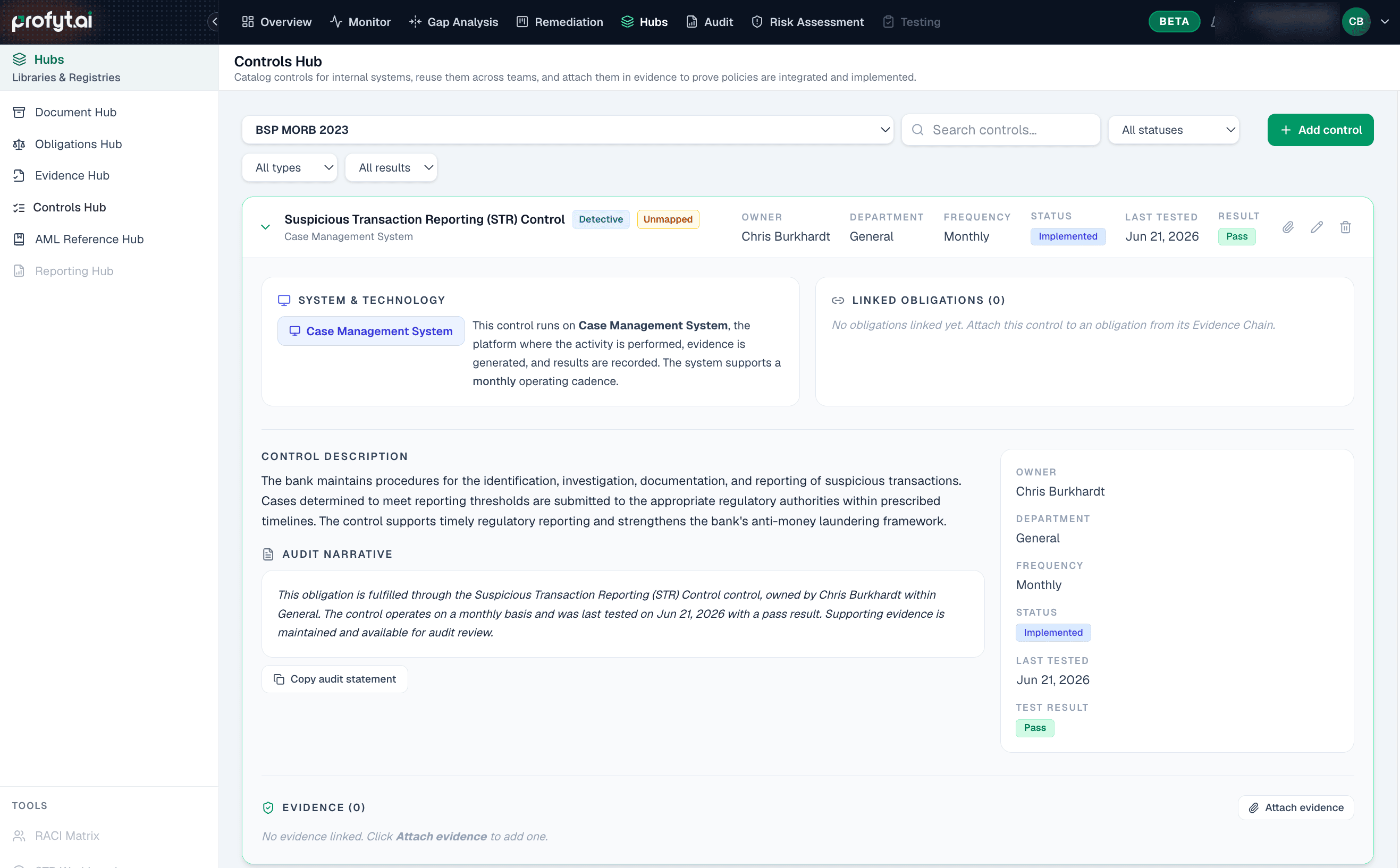 Control detail with audit narrative