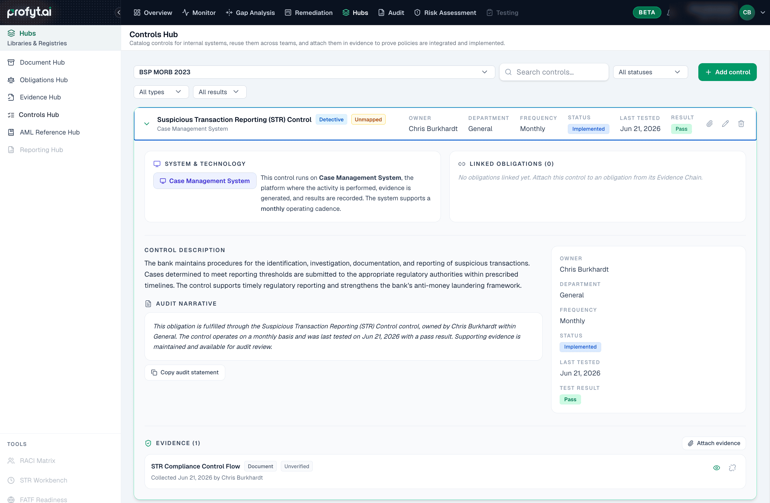 A control showing its attached evidence: test results and screenshots that prove it operates