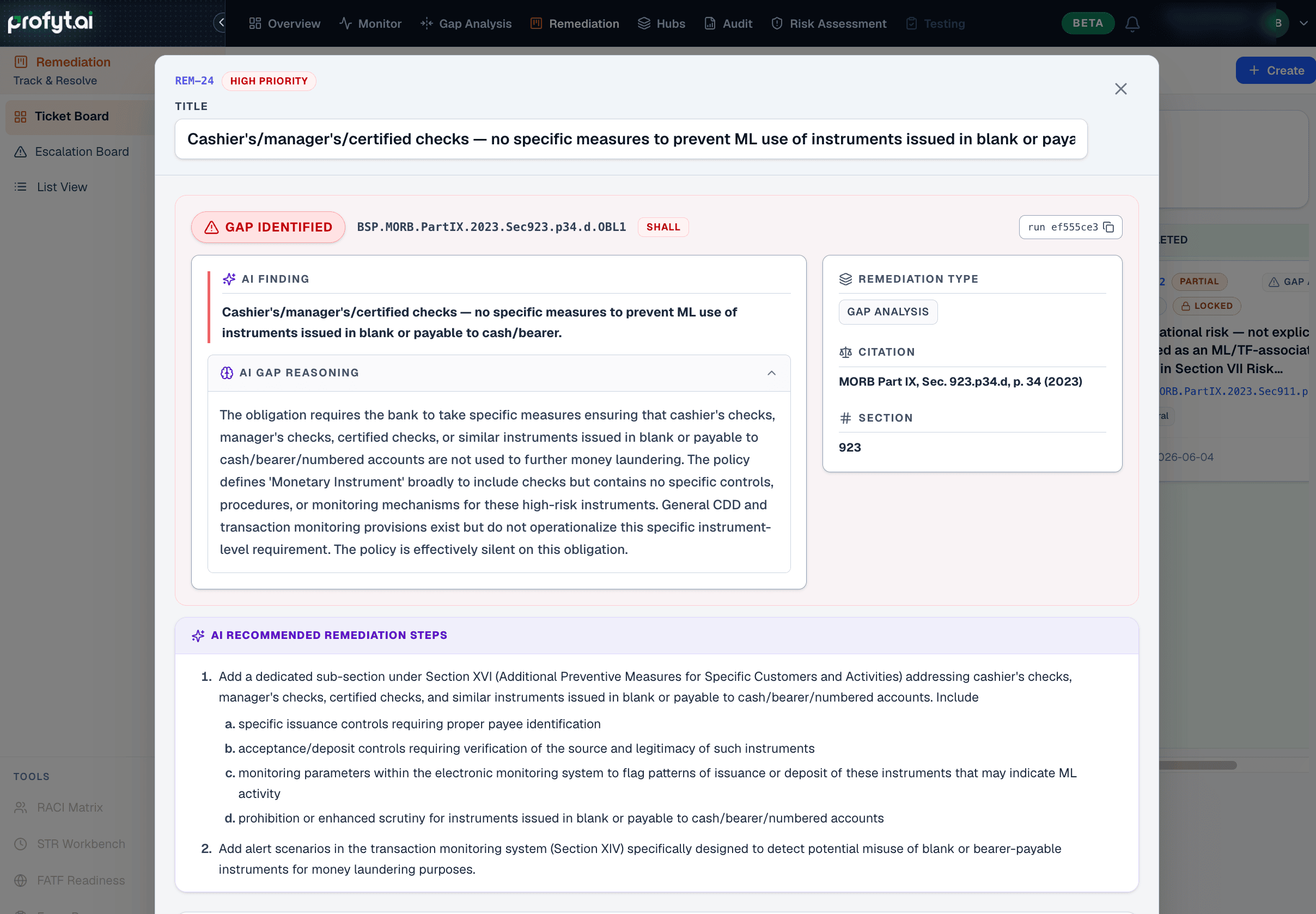 Ticket detail with finding and recommended steps