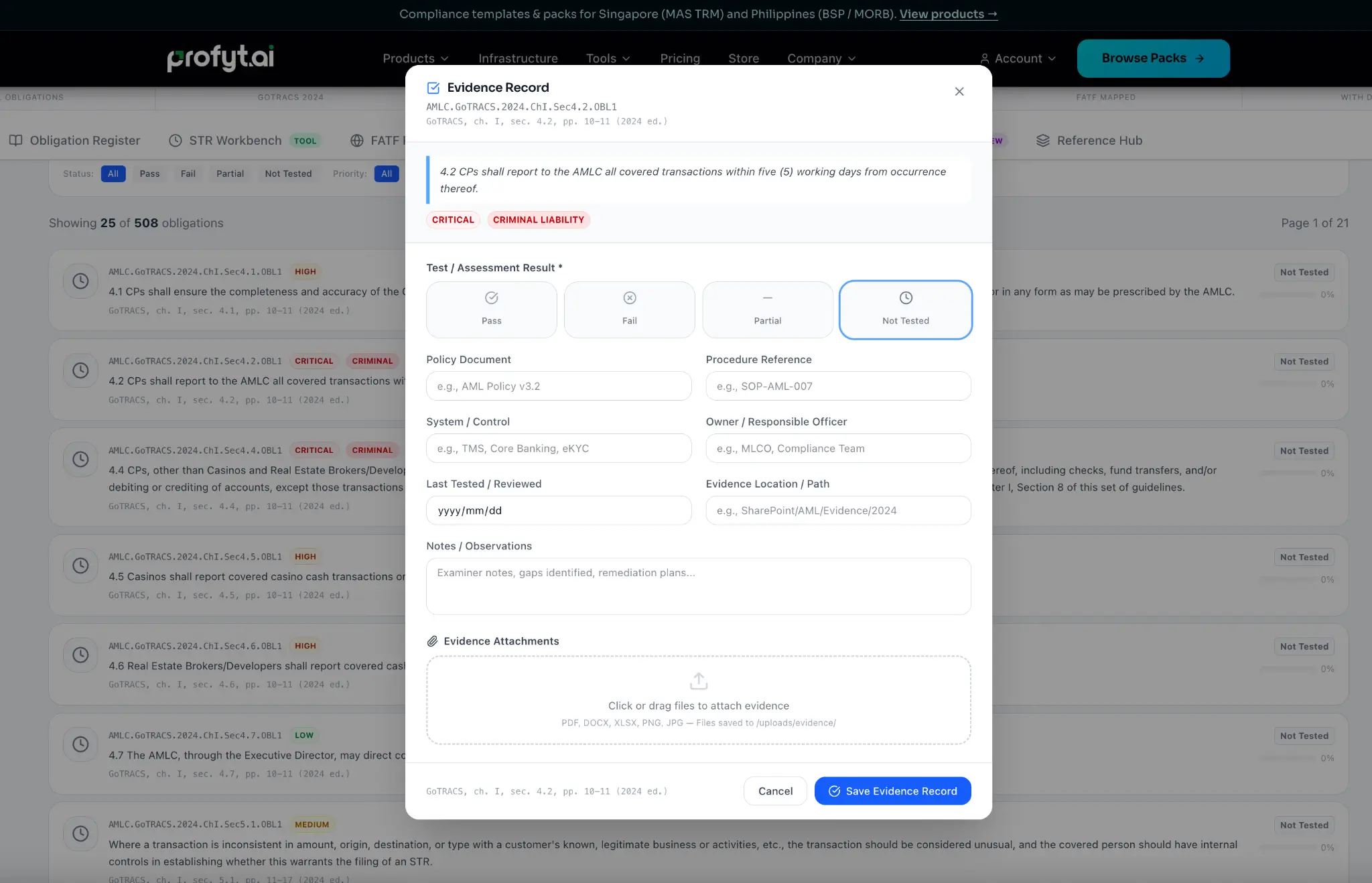 Evidence Record entry modal with Pass/Fail buttons and obligation linkage
