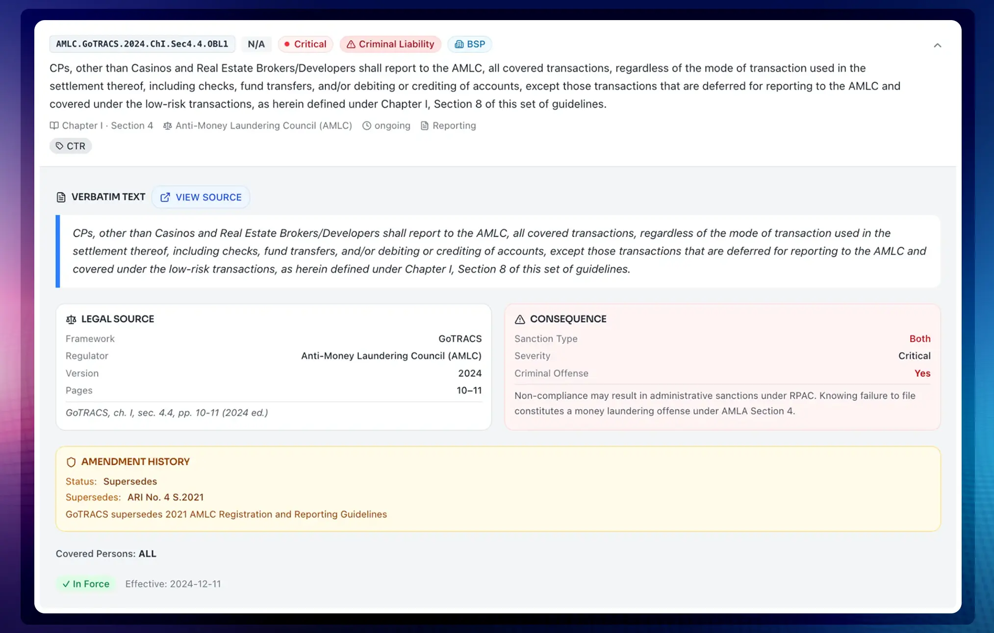 Obligation detail for an AMLC GoTRACS requirement with structured fields