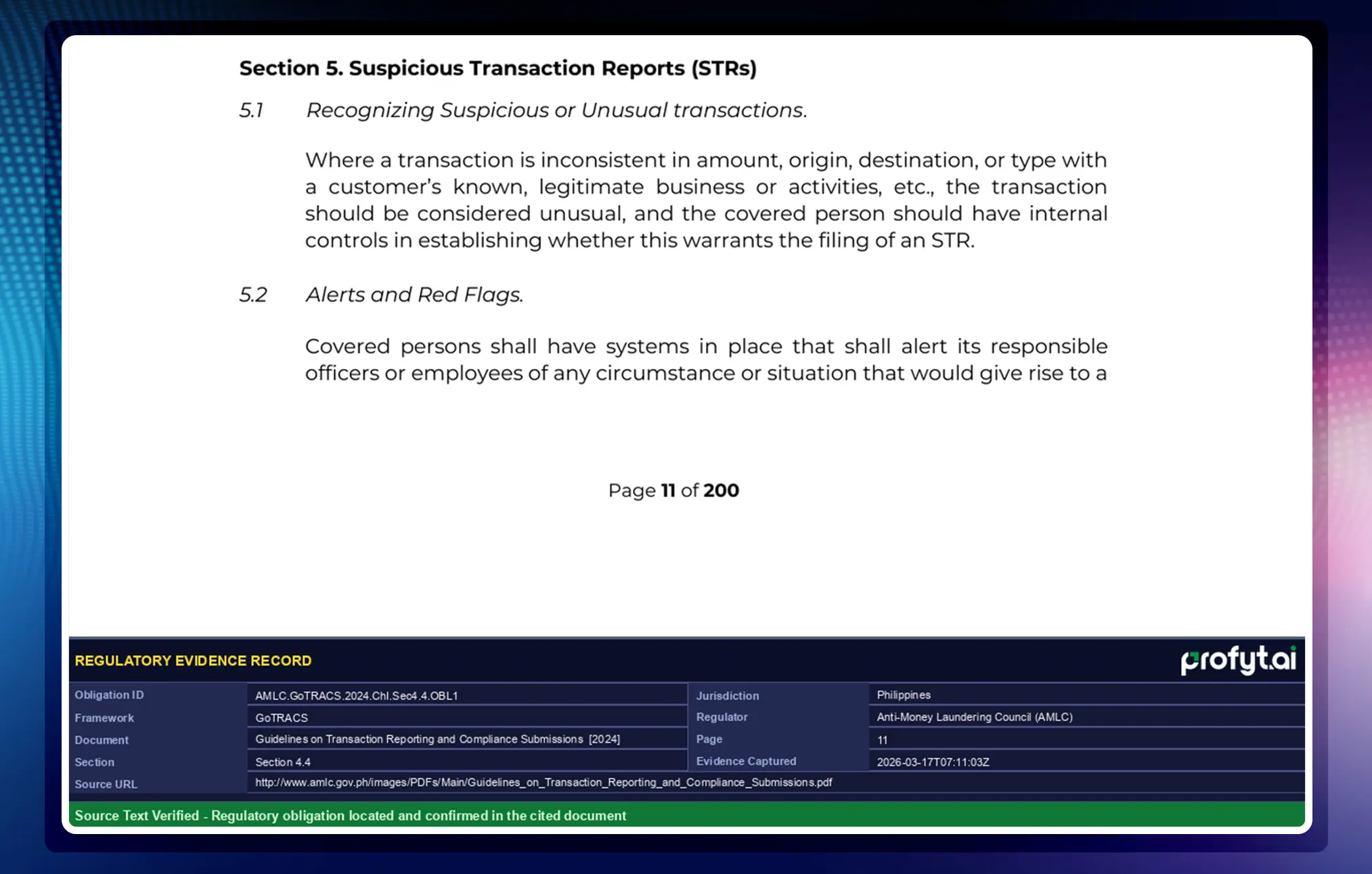 Regulatory evidence record with capture metadata, verification state, and source linkage