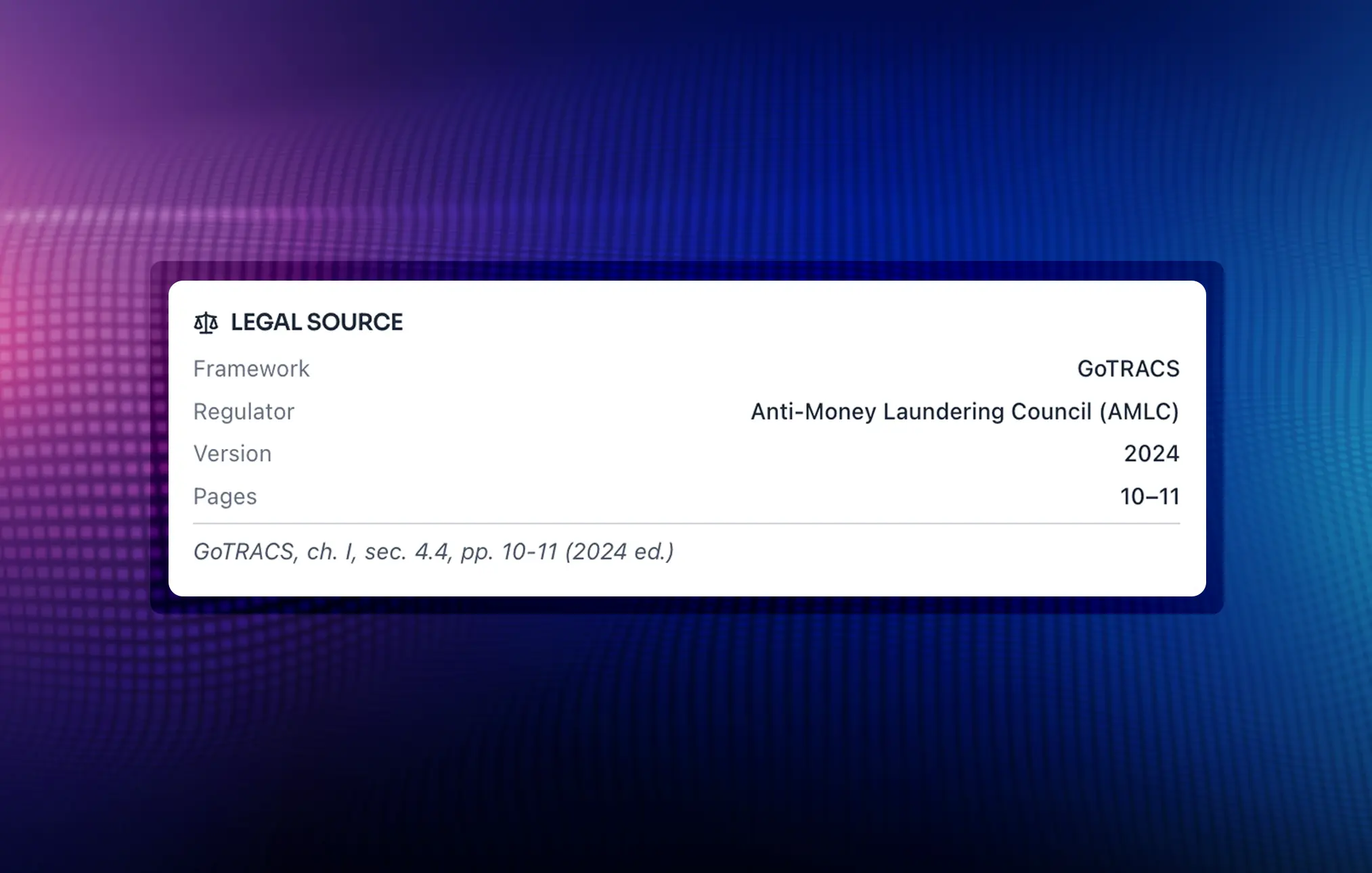 Legal source fields on obligation detail: GoTRACS framework, AMLC regulator, version, and pages
