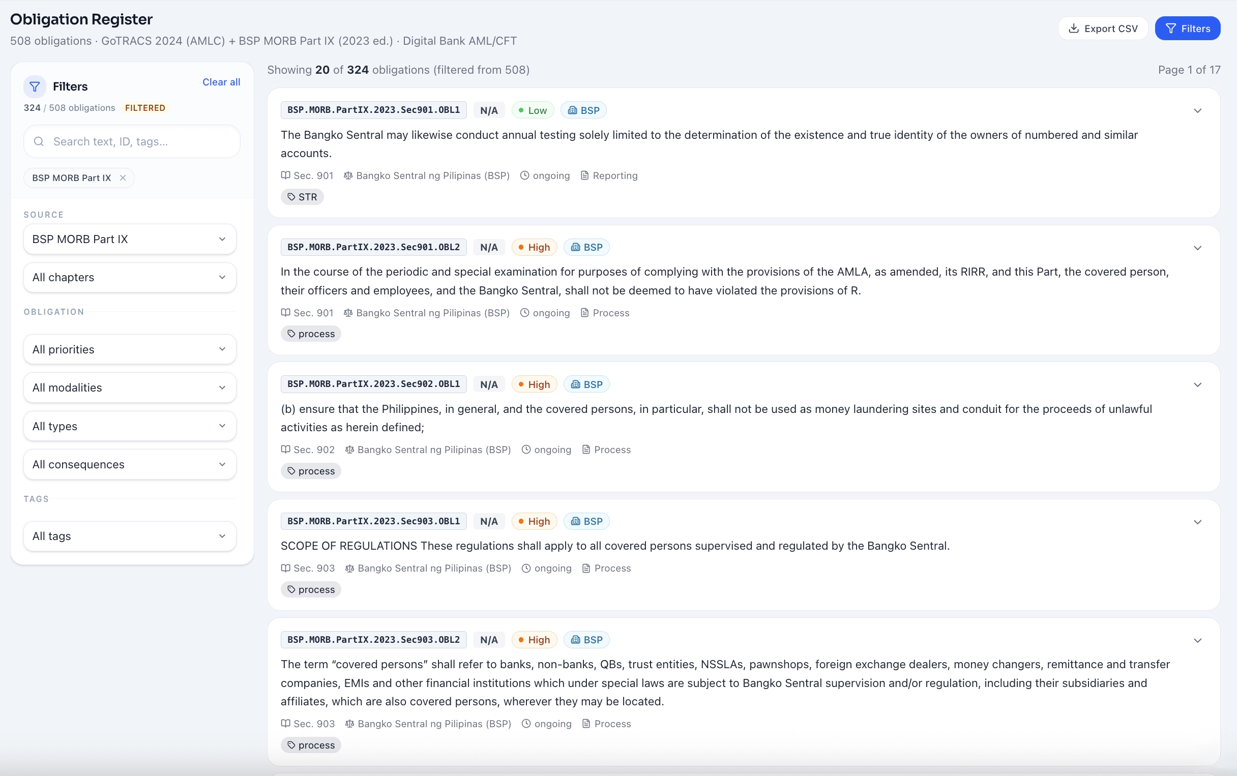 Obligation Register showing structured regulatory obligations with severity tags